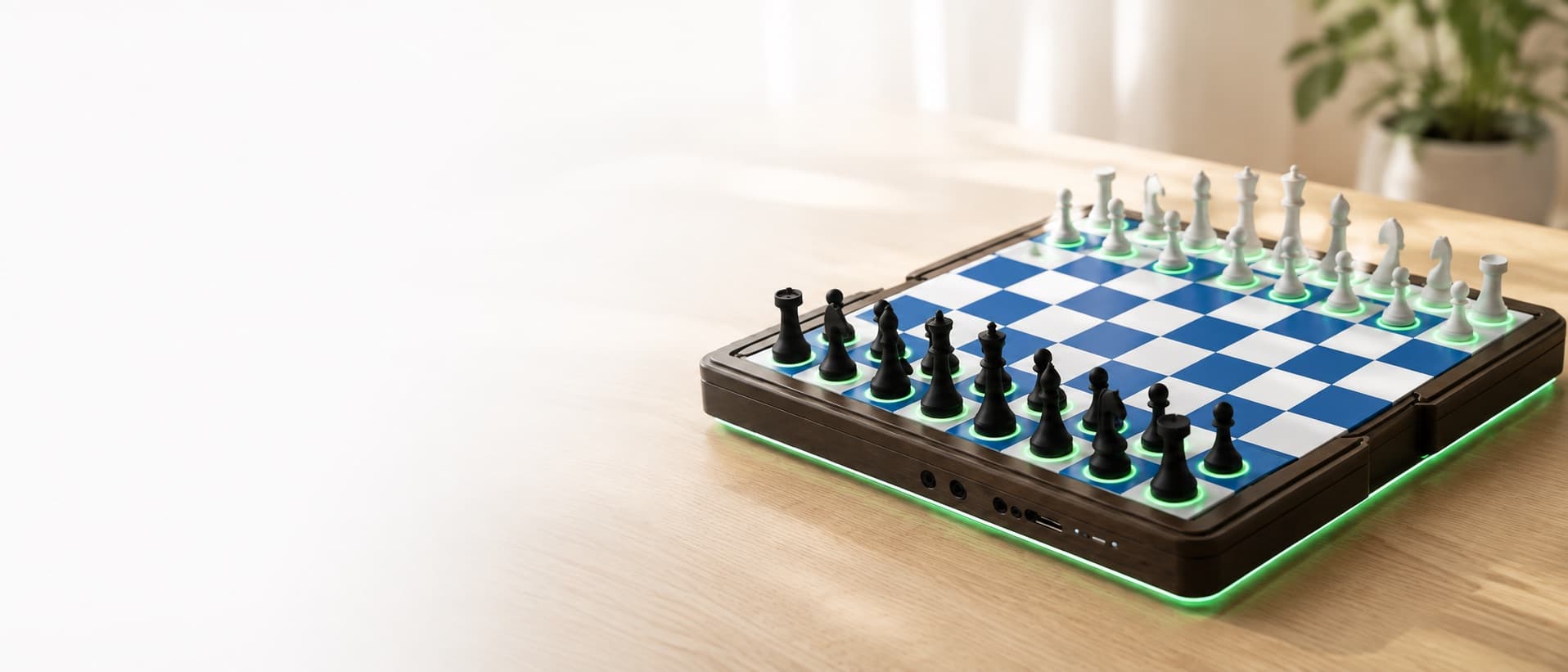 An Open Chess board on a light wooden desk, its blue and white squares lit from beneath with green light.